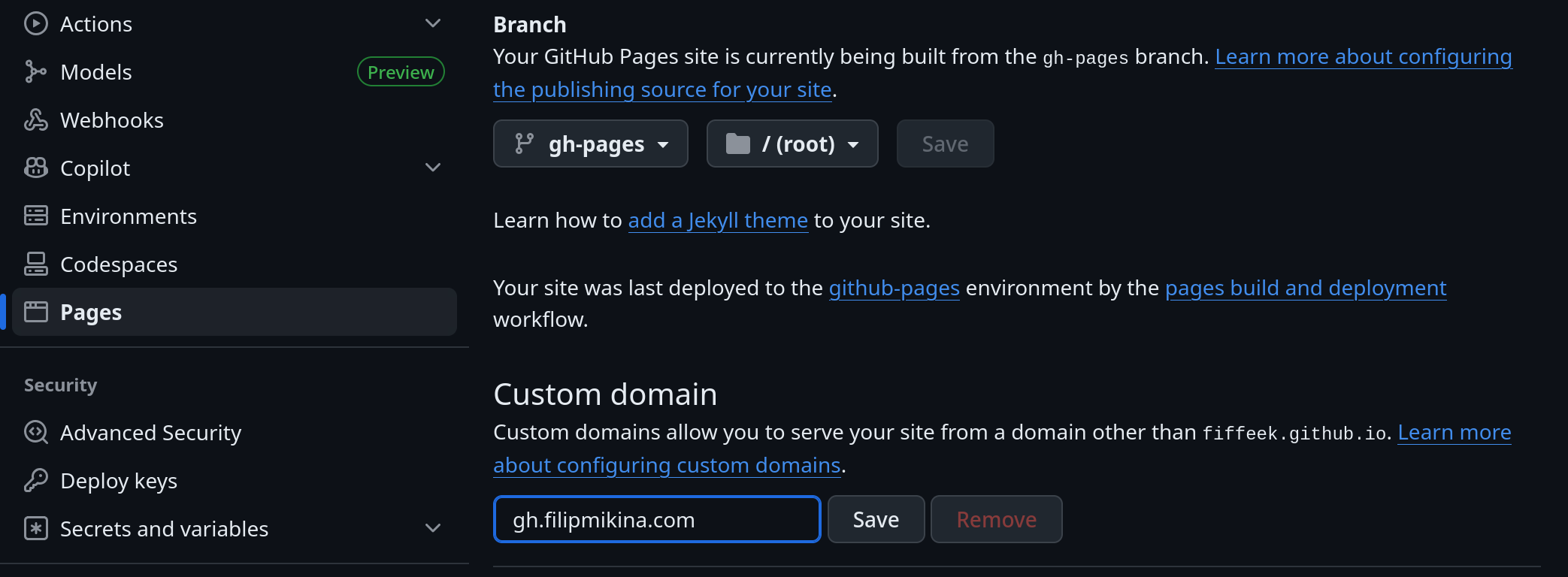 GitHub Pages custom domain configuration showing how easy it is to claim any domain