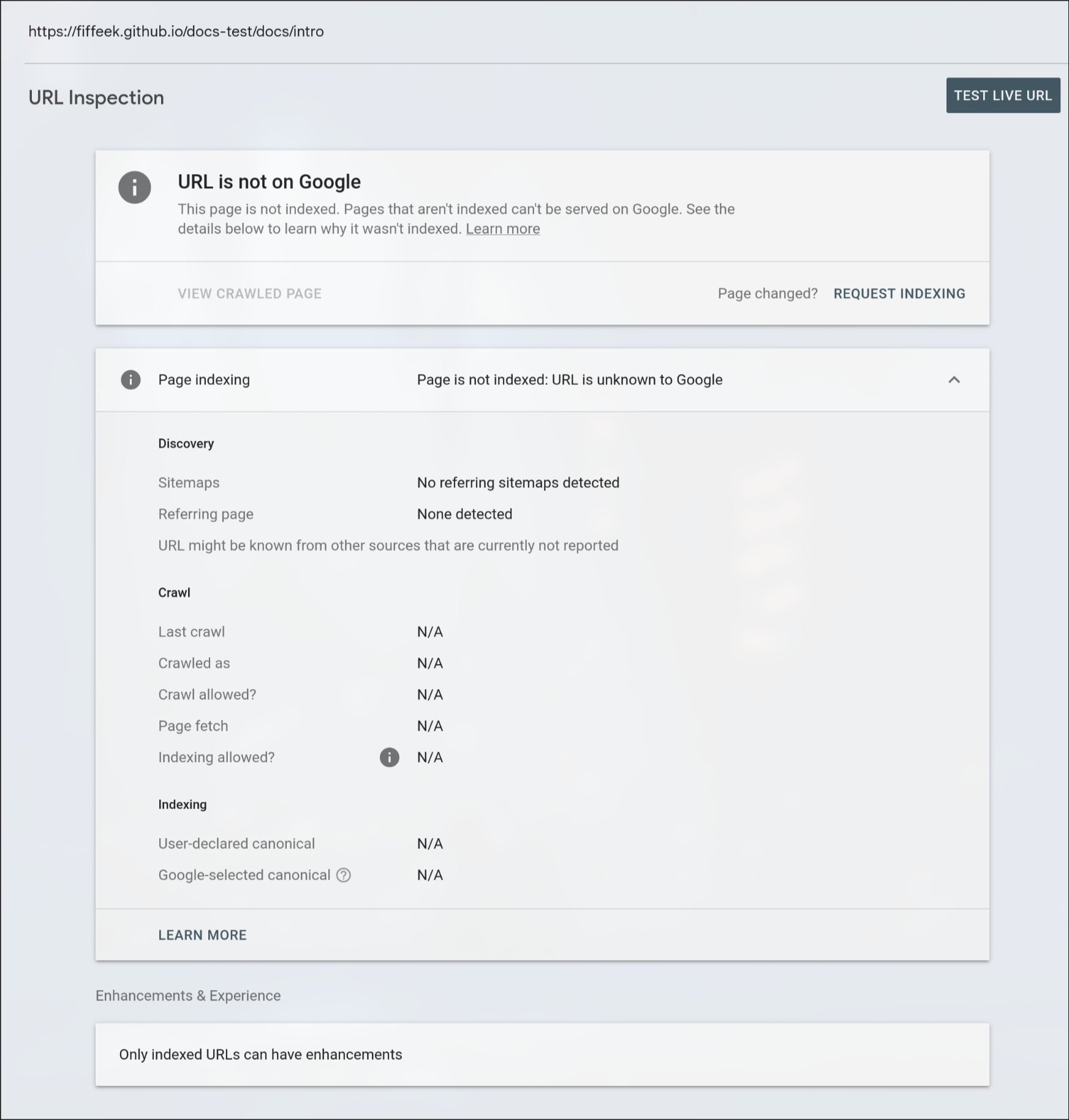'URL is not on Google' message indicating the page hasn't been discovered or indexed yet by Google's crawlers - don't worry, this is expected.