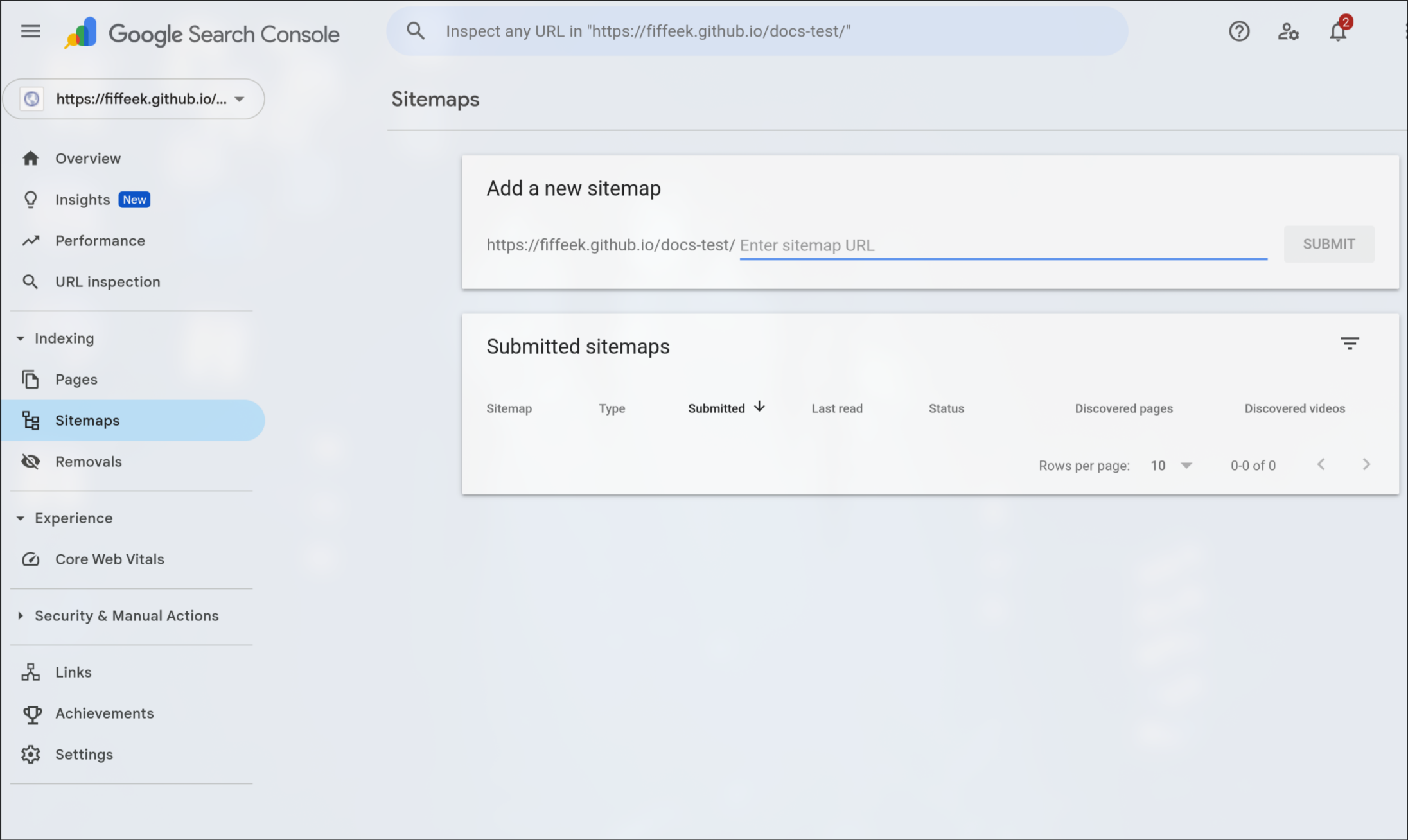 Google Search Console sidebar menu with the 'Sitemaps' option highlighted under the Indexing section.