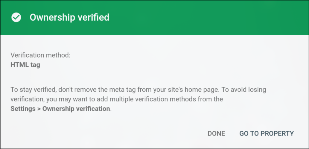 Successful ownership verification in Google Search Console with a green checkmark confirming your site has been verified and added to the console.